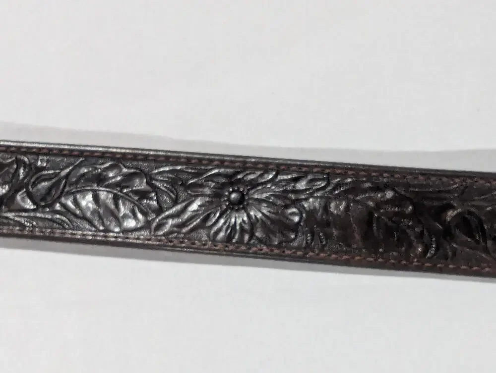 Leather Belt 38 Size Brown Floral Tooled Western Adjustable Buckle Design